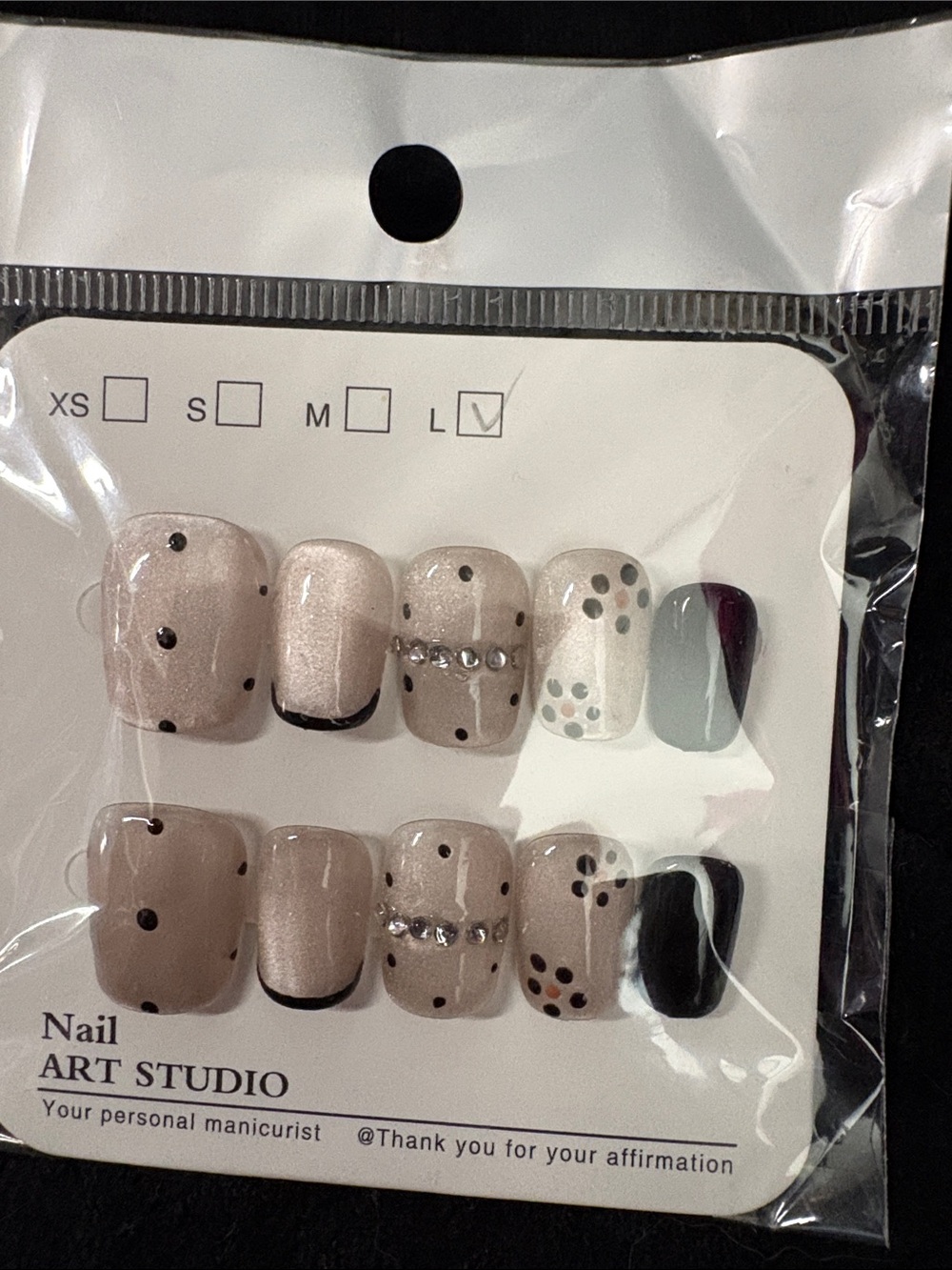 Nail Art Studio Beige & Black Press-On Nails with Rhinestones